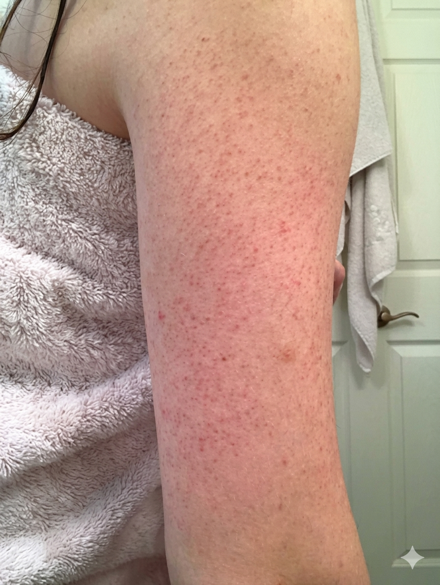 Close-up of a person's arm with visible redness and bumps, possibly indicating an allergic reaction or skin condition.