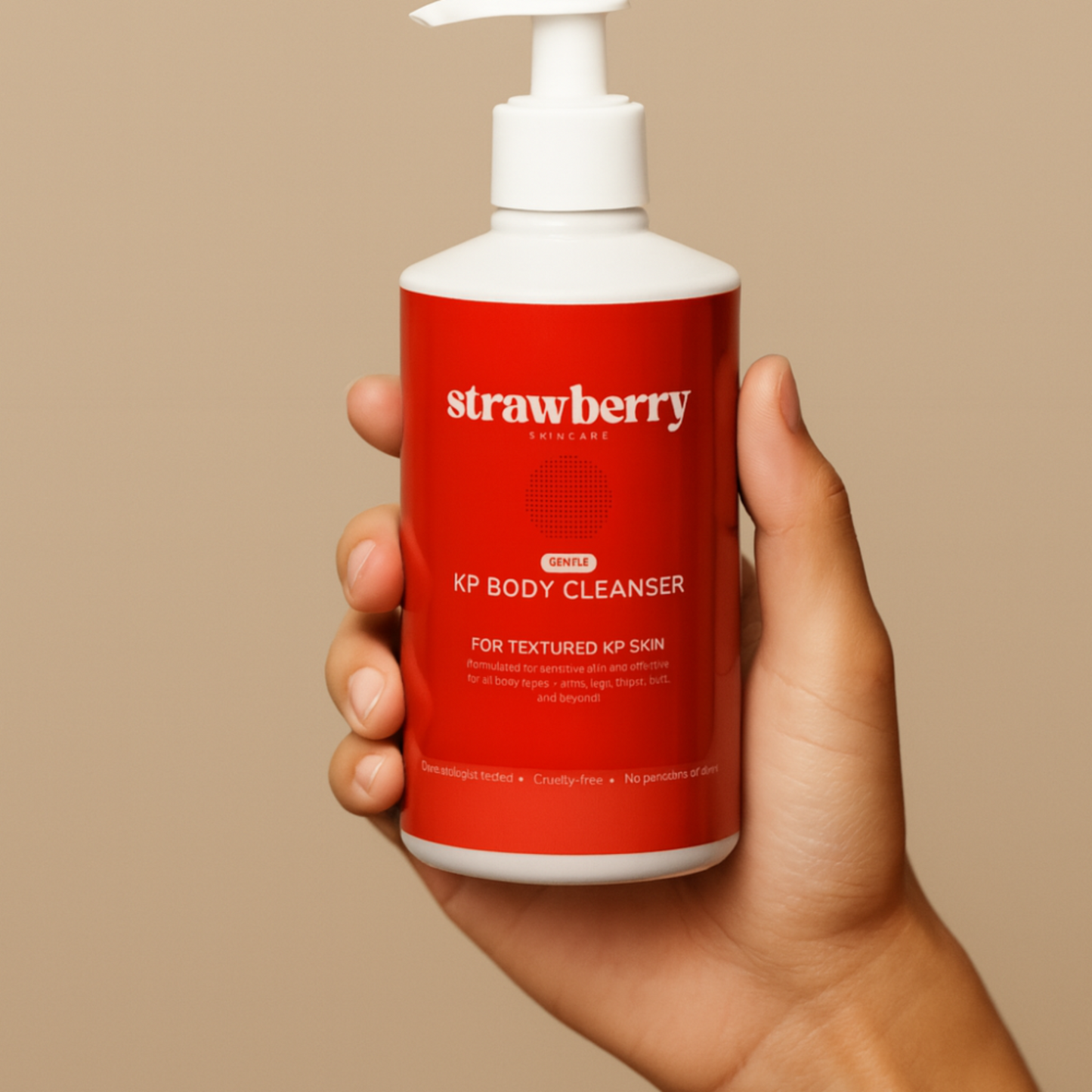 Hand holding a red bottle of Strawberry Skincare KP Body Cleanser against a beige background
