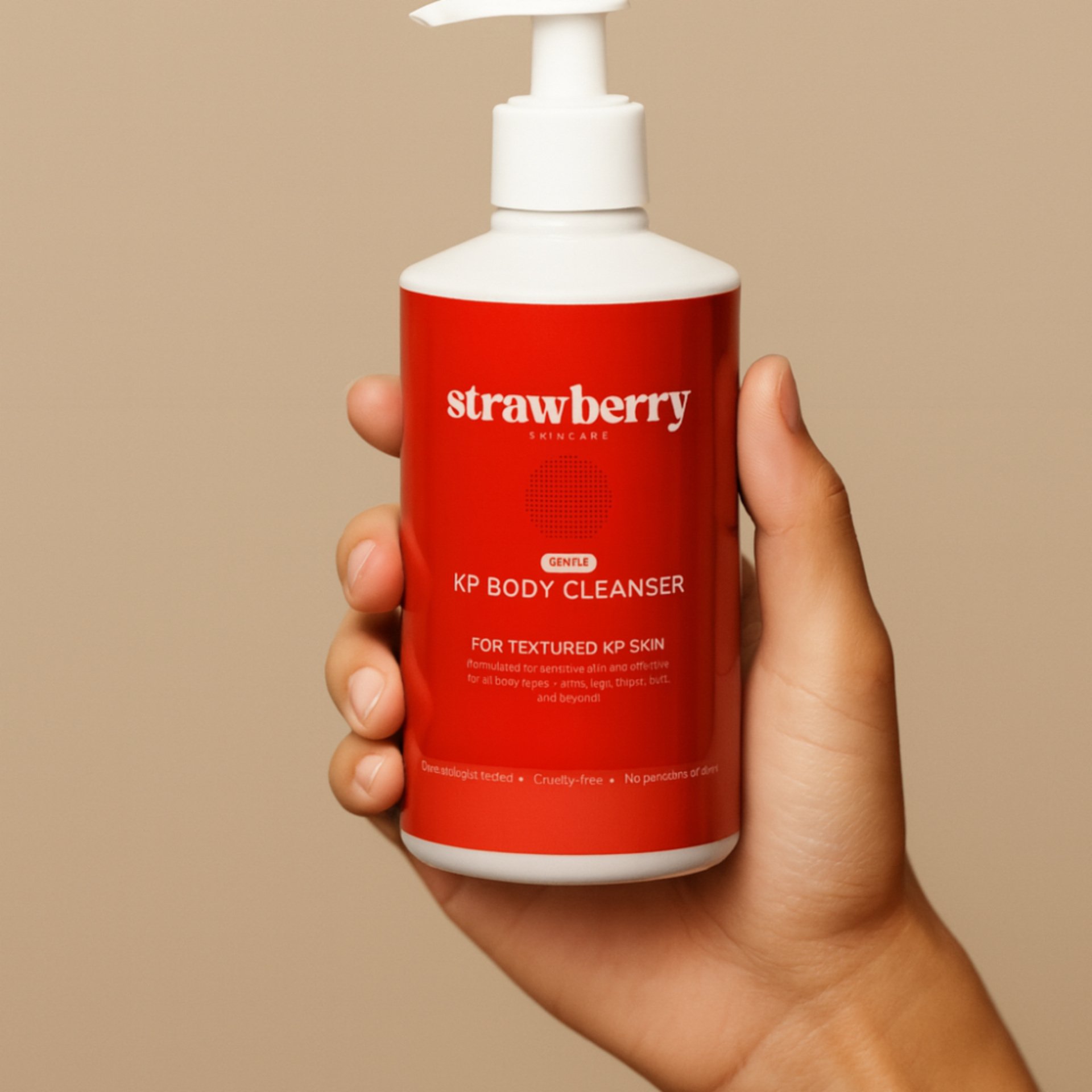 Hand holding a red bottle of Strawberry Skincare KP Body Cleanser against a beige background
